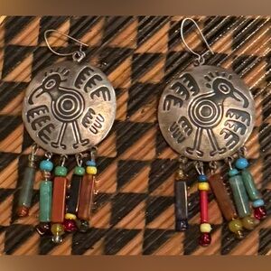 VINTAGE TAXCO DROP DANGLE CONFETTI BEAD AZTEC BIRD COIN/SHIELD EARRINGS